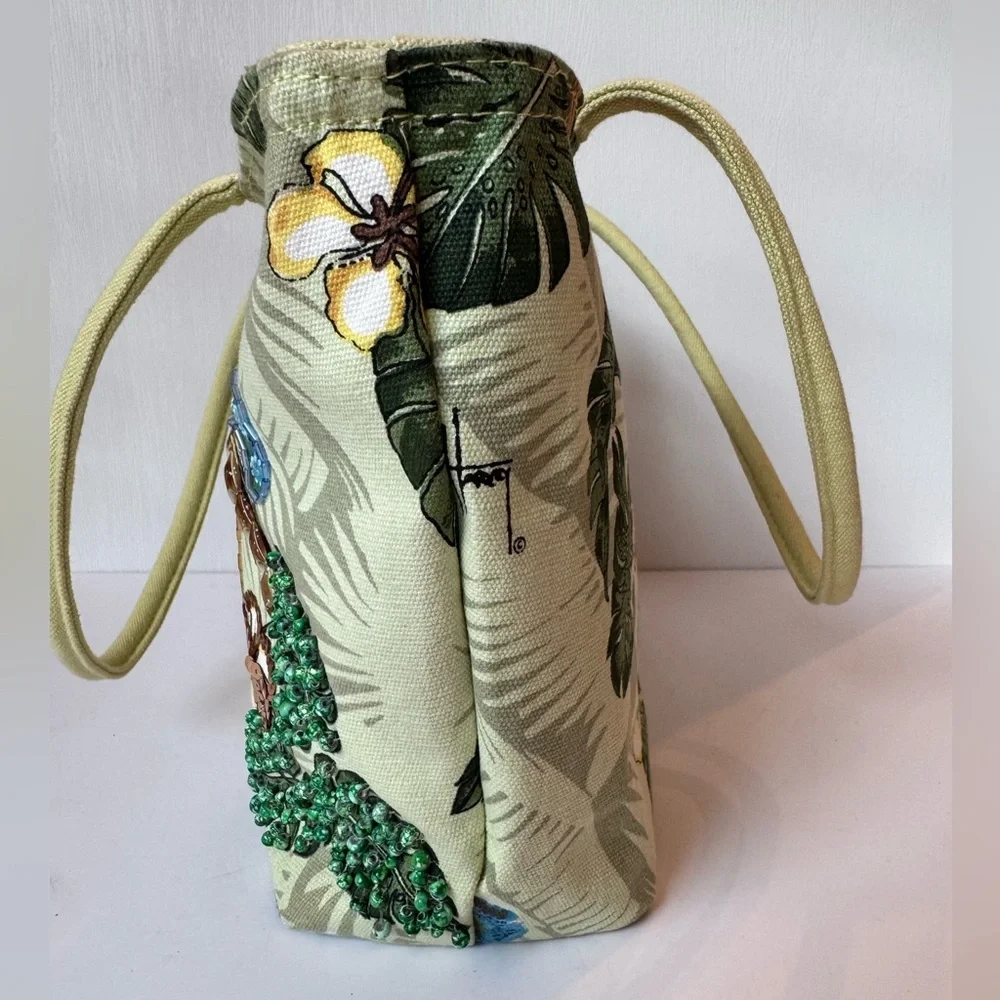 Guy Harvey Canvas Tote Bag Sequin Bead Parrot Bird Lime Blue Tropical Beach Tote